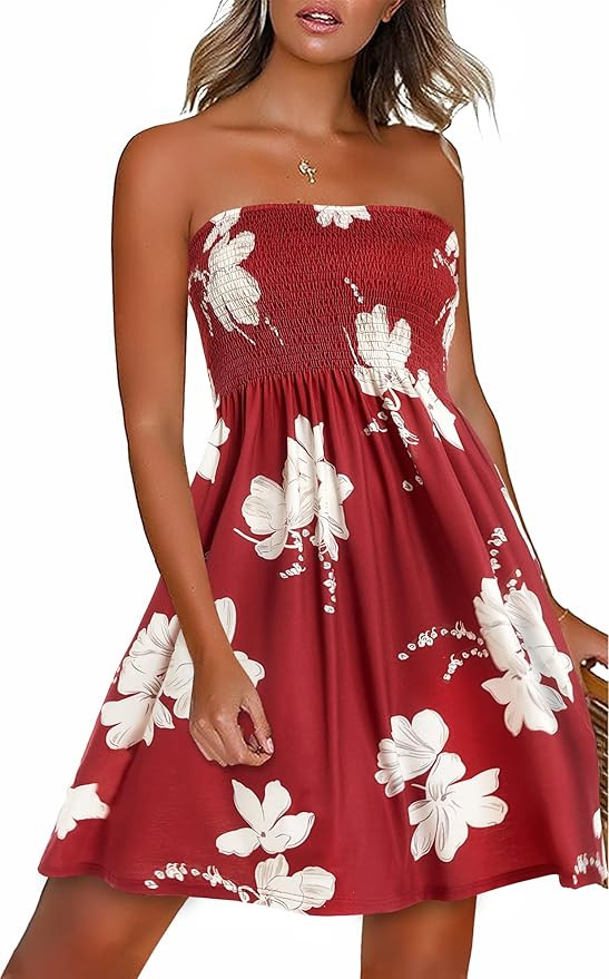 CHICGAL Summer Dresses for Women Beach Cover Ups Strapless Boho Floral Print Sundress | Amazon (US)