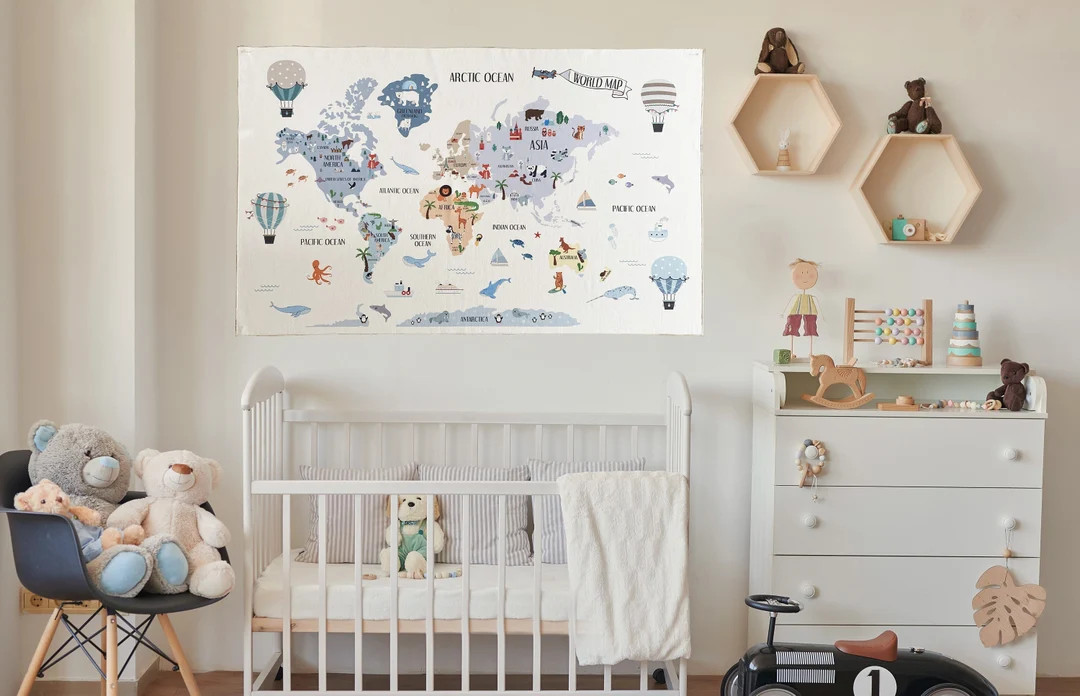 World Map Tapestry Organic Cotton Fabric Tapestry World Map Wall Tapestry World Map Gift Kid Room... | Etsy (US)