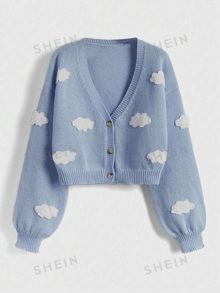 ROMWE Kawaii Cloud Print V-neck Cardigan | SHEIN