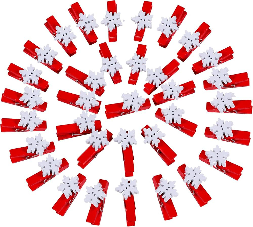 Pack of 50pcs Christmas Clips, Snowflake Red Wood Clothespins for Game Favors Craft, Wood Clips S... | Amazon (US)