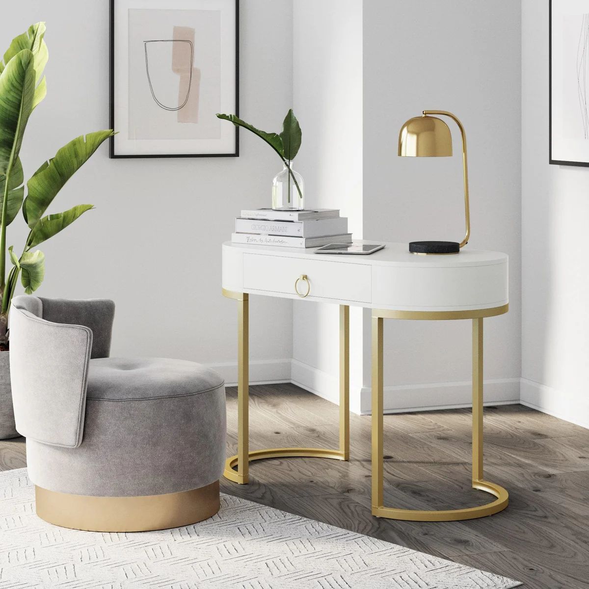 Leighton Small Oval Desk with Glam Brass Accents, Vanity or Writing Desk for Home Office, White/G... | Nathan James