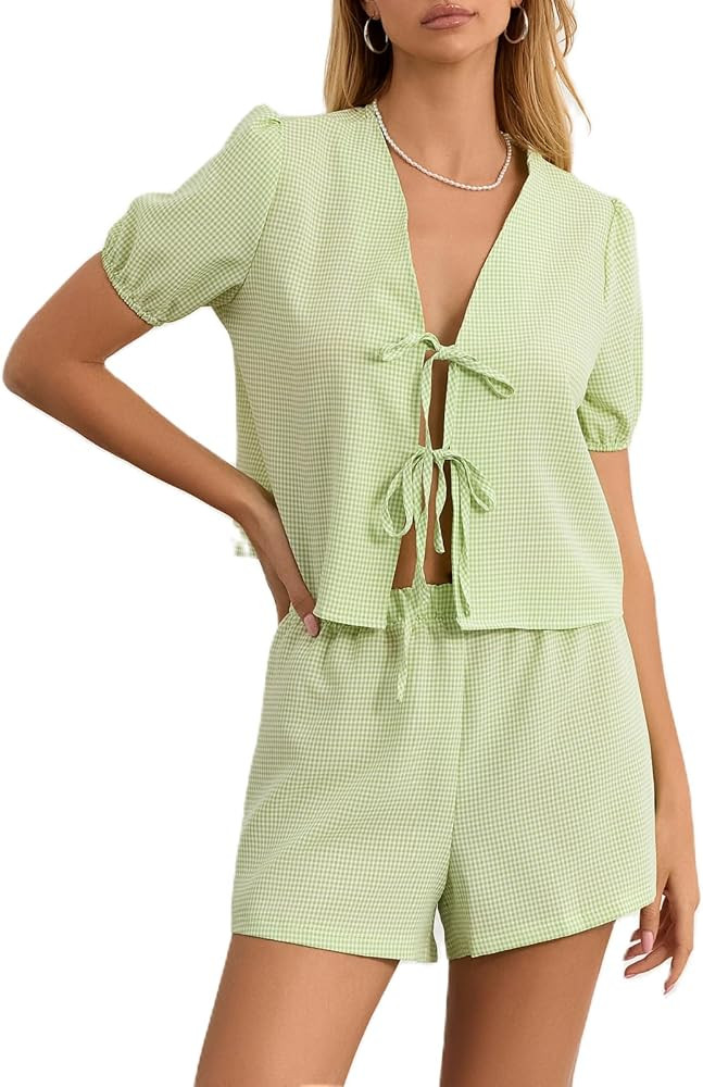KMBANGI Women Tie Front Shorts Set Peplum Short Sleeve Shirt Gingham Plaid Shorts Y2K 2 Piece Paj... | Amazon (US)