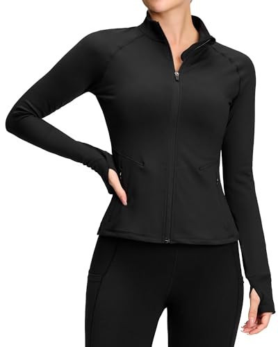 QUEENIEKE Womens Workout Jacket Lightweight Full Zip Running Track Jacket Slim Fit Yoga Cropped Tops with Thumb Holes L Black | Amazon (US)