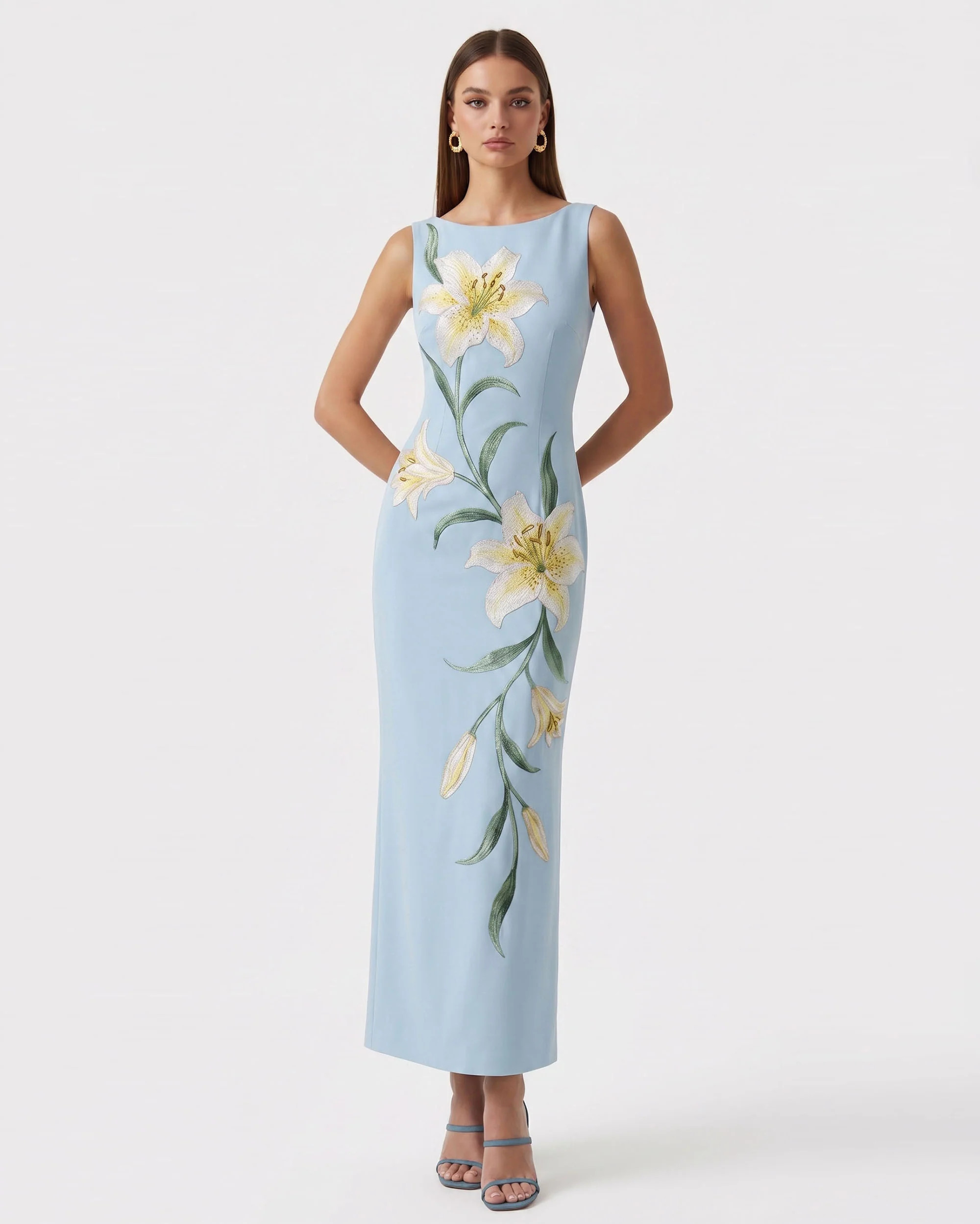 Lily Floral Print Sleeveless Column Maxi Dress - Light Blue | JW PEI US