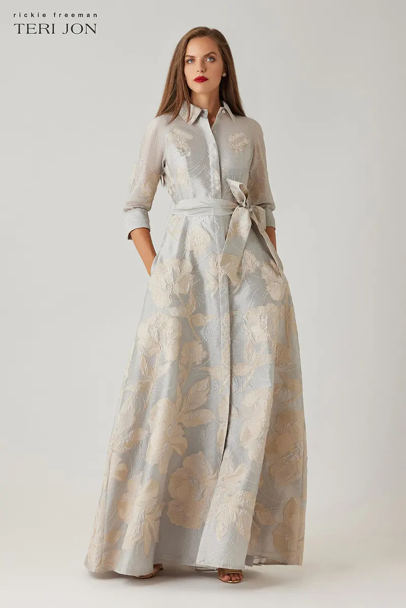 Metallic Floral Jacquard Shirt Waist Gown | TERI JON