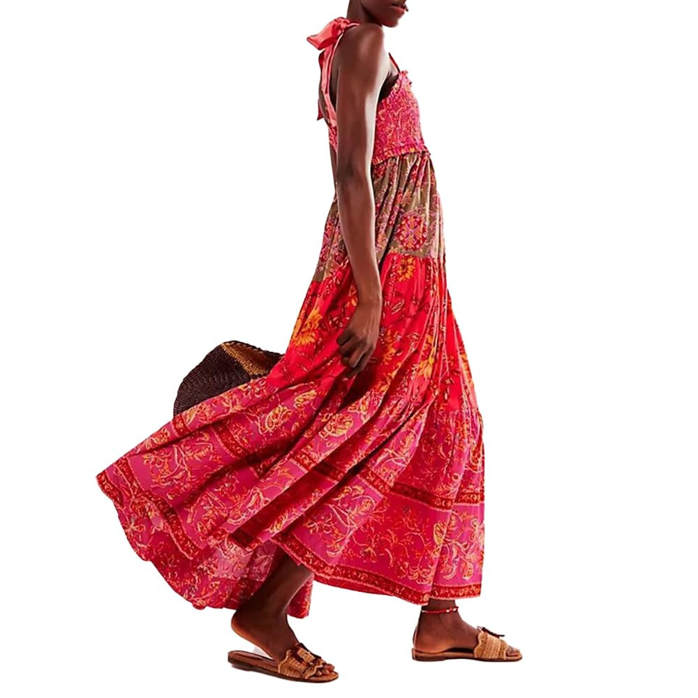 Women Floral Maxi Dress Sleeveless Tie Shoulder Bohemian Flowy Smocked Dresses Casual Summer Sund... | Amazon (US)