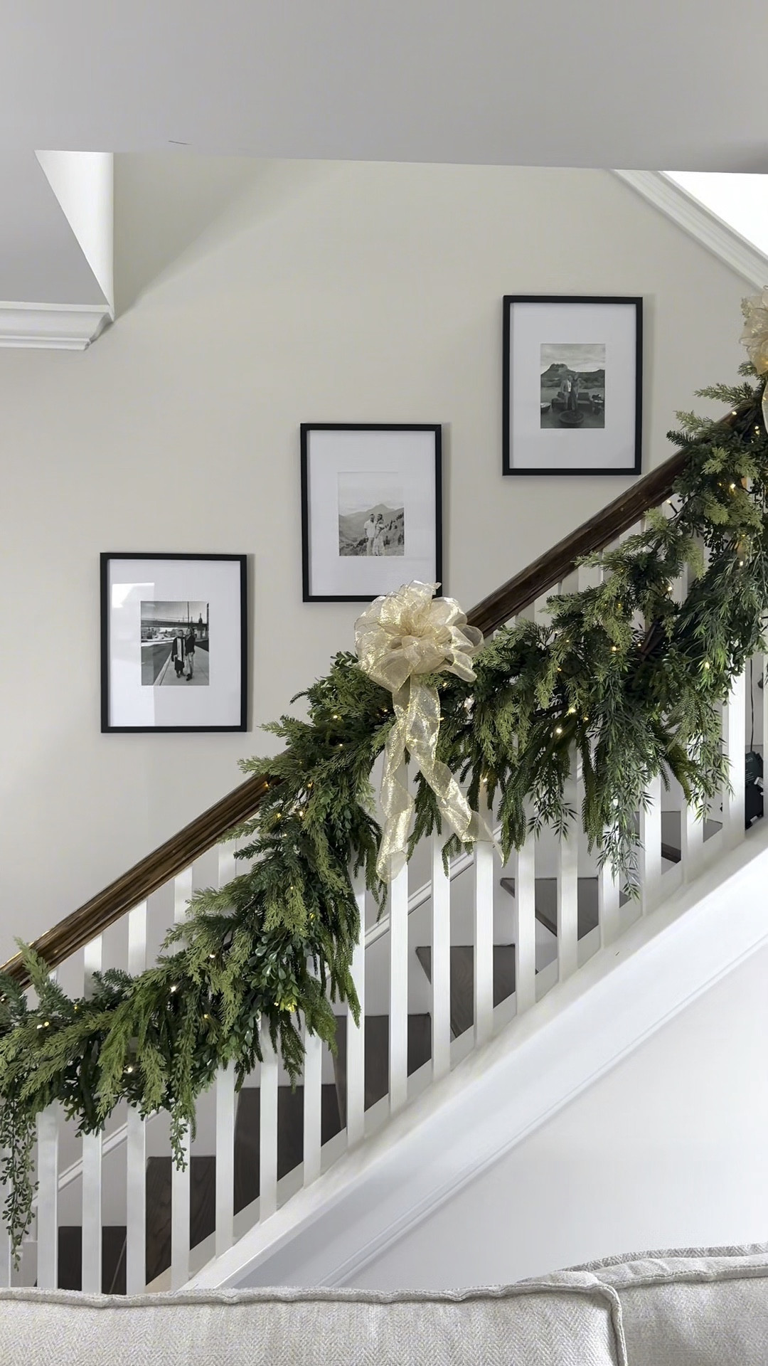 A little empty wall inspo and staircase reveal! 🎄 I only used one actual holiday garland here, everything else is different kinds of faux floral garlands and I love how rich and textured it turned out! 

After going back and forth on custom framing and damage-free brands ($150 for 3 what?!) I opted for these $8 frames that are real glass and truly such a steal!!

•
•
Cedar garland, staircase mantle decor, picture wall, matted frames, wired ribbon, Christmas decorations, 

#LTKHome #LTKSeasonal #LTKHoliday