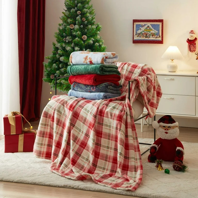 Holiday Time Cozy Christmas Plush Embossed Holly Throw Blanket, Standard Size, All Ages | Walmart (US)