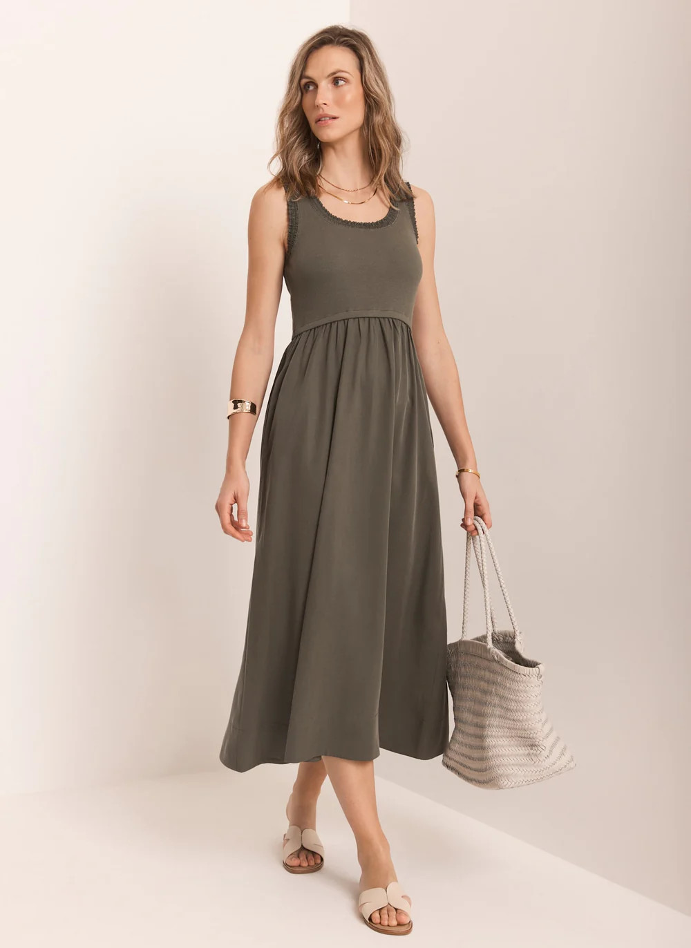 Khaki Ruched Trim Cotton Midi Dress | Mint Velvet