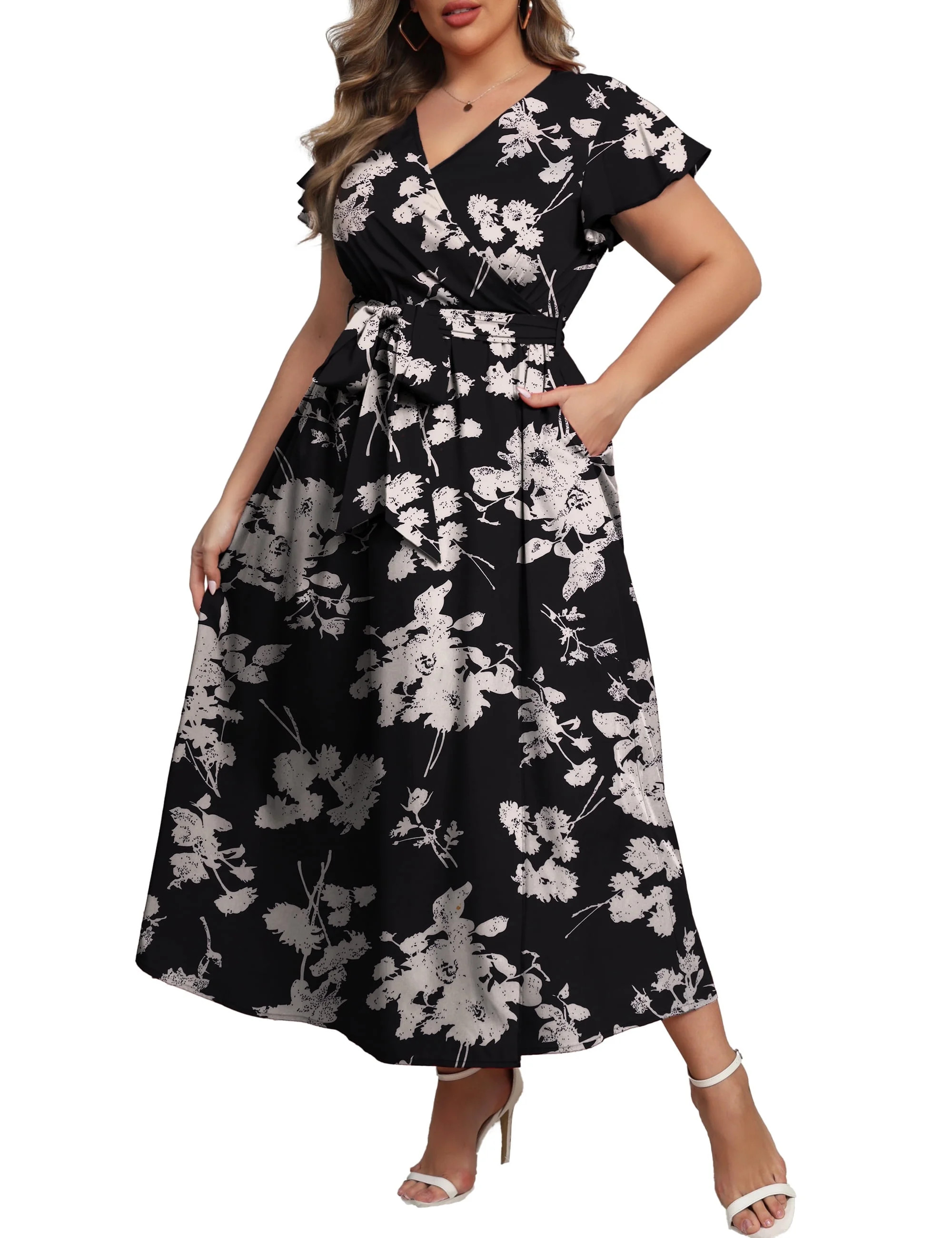 a.Jesdani Women's Plus Size Maxi Dress Boho Floral Butterfly Sleeve V Neck Flowy Maxi Dress Party... | Walmart (US)