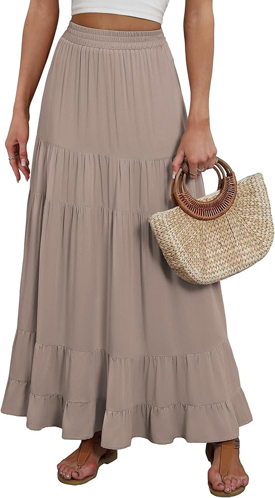 ANRABESS Womens Maxi Skirt Elastic High Waist Swing Tiered A-line Flowy Pleated Boho Beach Vacati... | Amazon (US)