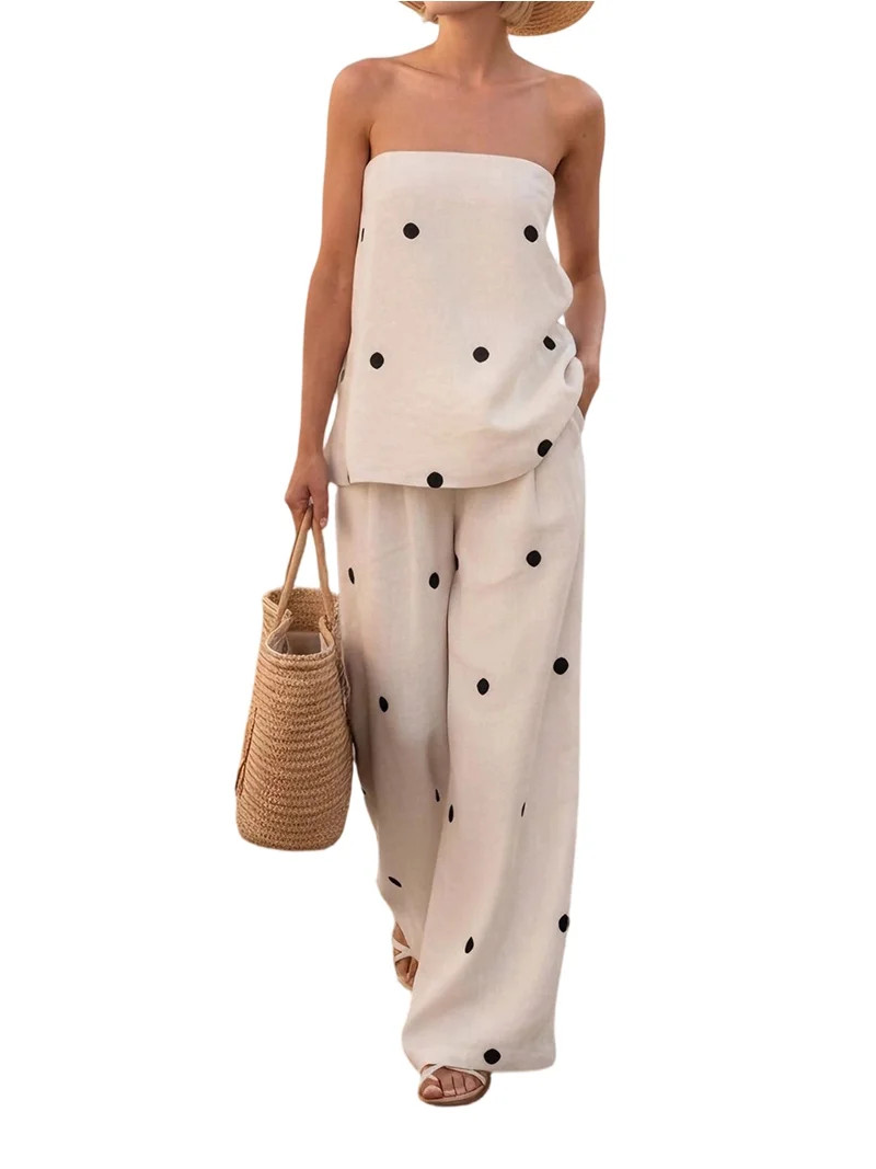 Jaimenalin Women'S Polka Dot 2 Piece Outfits Spot Strapless Tube Top High Waist Wide Leg Pants Lo... | Walmart (US)