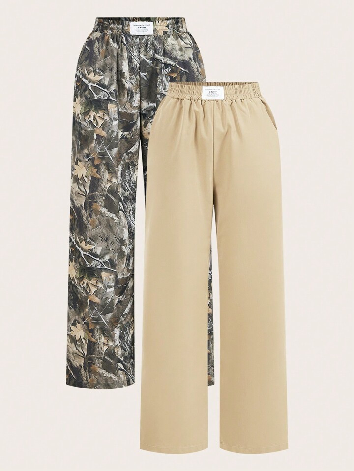 SHEIN EZwear 2pcs Women Maple Leaf Print & Khaki Wide-Leg Pants Set | SHEIN