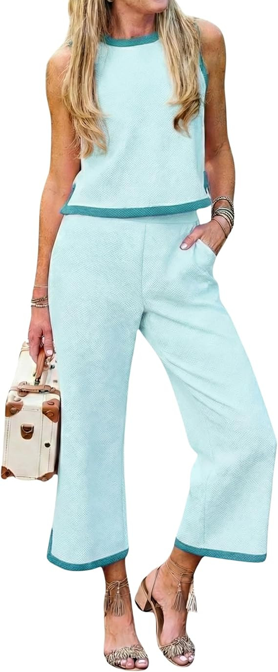 Hooever Two Piece Sets for Women Color Block Cami Top Wide Leg Pants Set Summer Travel Vacation O... | Amazon (US)