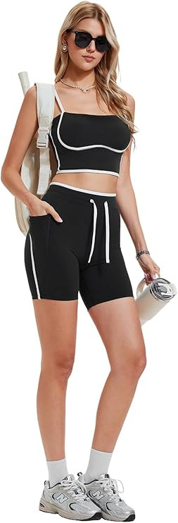Women’s Two-Piece Workout Set Adjustable Crop Tank Top & High-Waisted 6" Biker Shorts Yoga Pila... | Amazon (US)