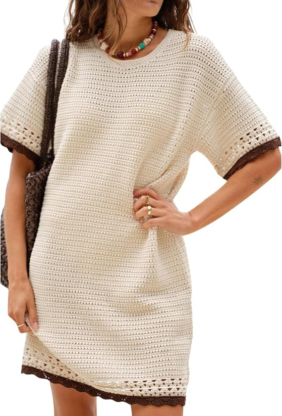 Huaqiao Women Short Sleeve Crochet Knit Dress Color Block Crew Neck Mini Dress Pullover Beach Swi... | Amazon (US)