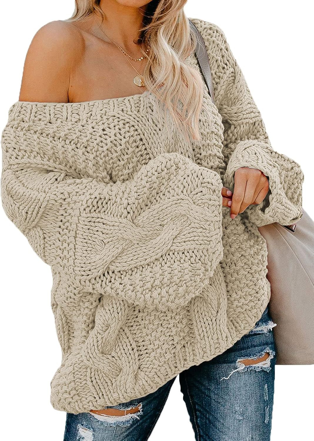 Ecrocoo Women's Off Shoulder Long Sleeve V-Neck Ribbed Cable Pullover Sweaters Loose Fitting Jump... | Amazon (US)