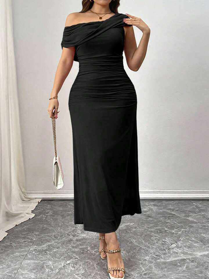 Elenzga Plus Size Women Elegant Solid Color Romantic Mesh Ruched Fitted Short Sleeve Dress | SHEIN