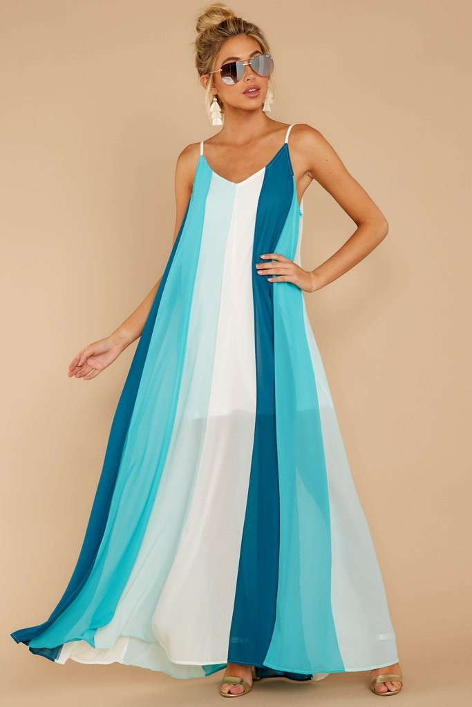 Wave Goodbye Aqua Multi Stripe Maxi Dress | Red Dress 