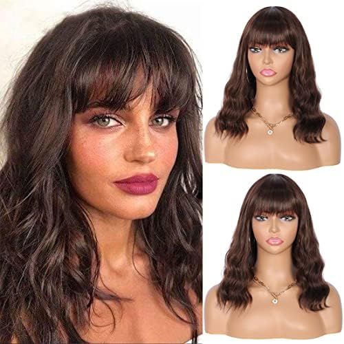 Kalyss 14" Synthetic Wigs with Hair Bangs Short Wavy Curly Wig for Women -Natural Looking and Hea... | Amazon (UK)