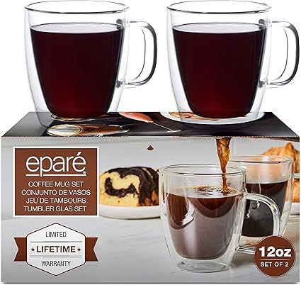 12 oz Glass Coffee Mugs - Set of 2 - Clear Double Wall Glasses - Insulated Glassware With Handle ... | Amazon (US)