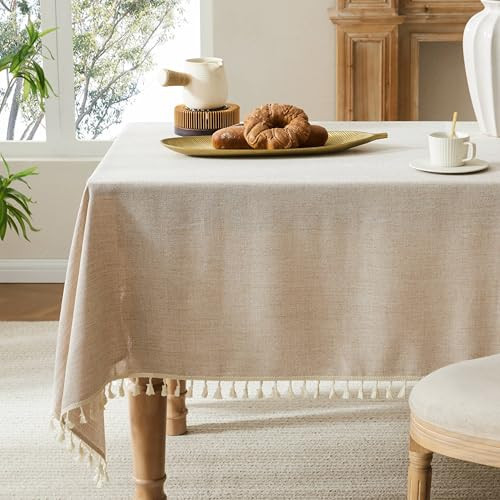 YZJZEDS Linen Tablecloth with Tassels, Farmhouse Style Beige Tablecloth, Water Resistant Burlap Tablecloths for Square Table, 60x60 Inch Natural | Amazon (US)