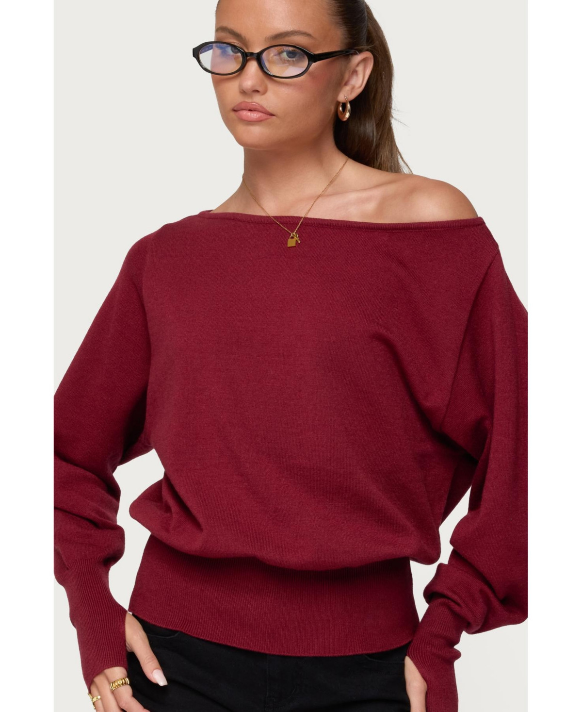 Edikted Womens Off Shoulder Oversized Sweater - Burgundy | Macy's