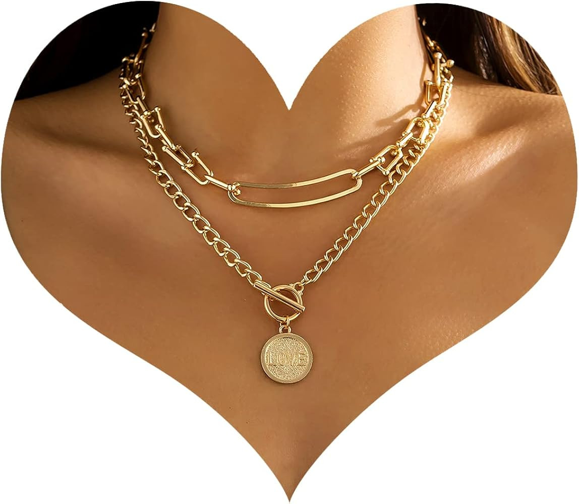 MJartoria Gold Layered Necklaces for Women Trendy Retro Coin Pendant Necklace Chunky Chain Choker... | Amazon (US)
