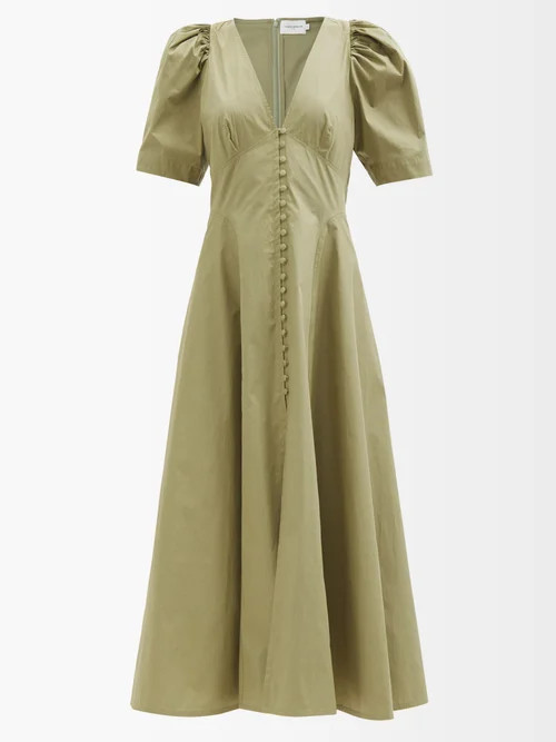 Three Graces London - Jodie Puff-sleeve Cotton Dress - Womens - Olive | Matches (US)