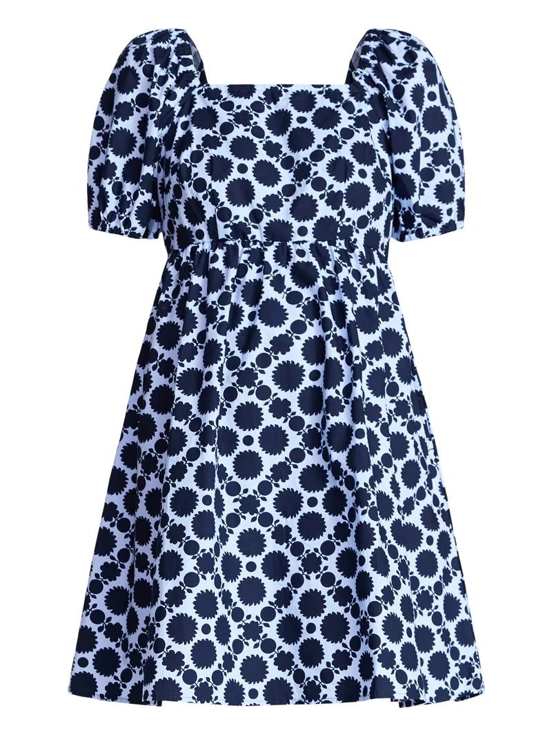 Time and Tru Women's and Women's Plus Tie Back Mini Dress with Puff Sleeves, Sizes XS-4X | Walmart (US)