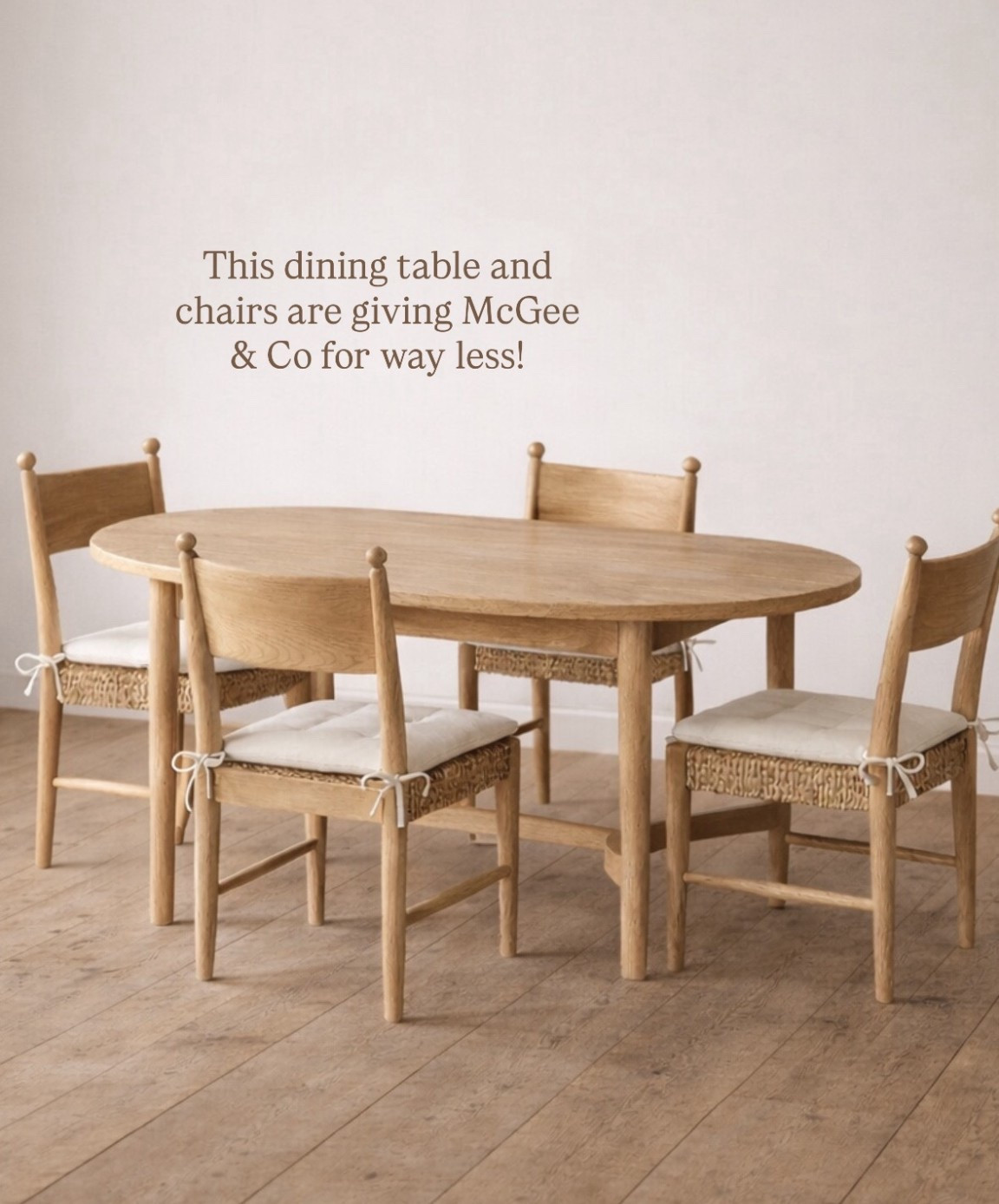 McGee & Co look for less dining table and chairs. I love the cushions with the ties and the oval table shape. 

#LTKHome #LTKSaleAlert