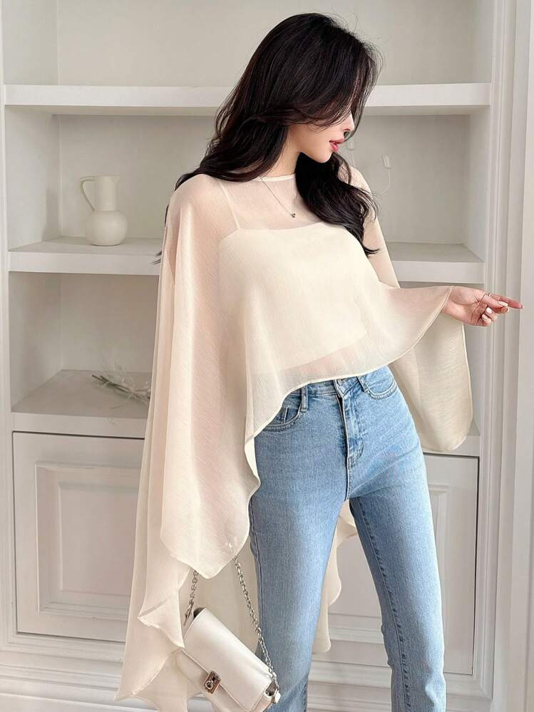 DAZY Women's Chiffon Top, Spring/Summer Solid Color Lightweight Pullover Asymmetrical Blouse Shee... | SHEIN