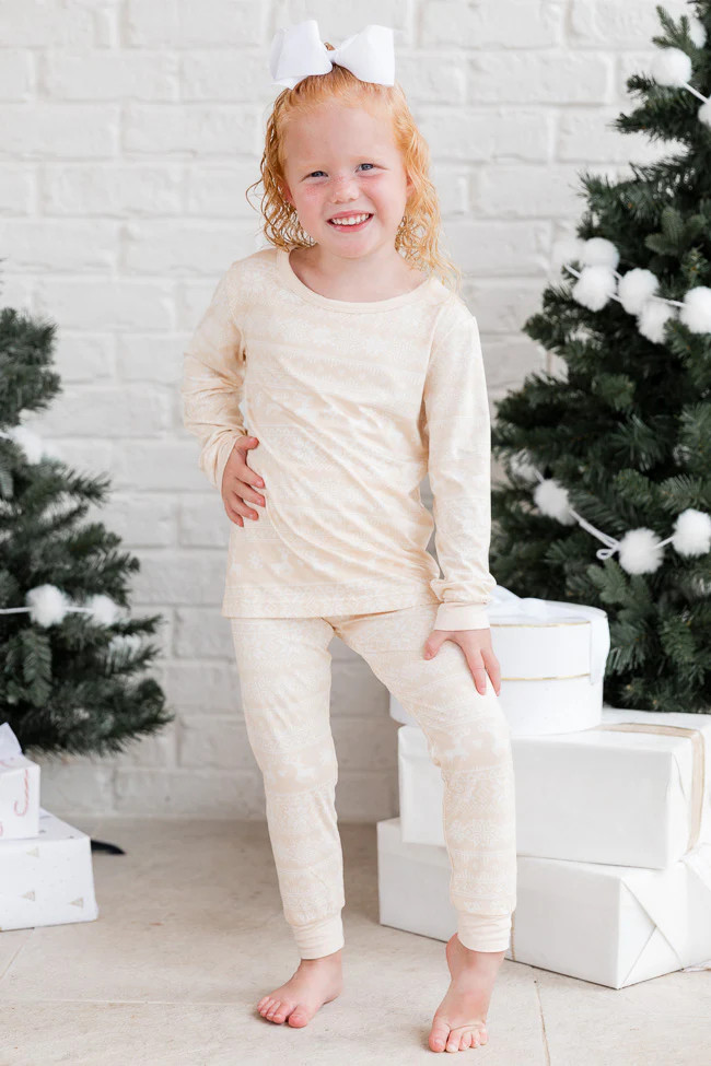 Snowy Days Kids Beige and Ivory Fair Isle Pajama Set | Pink Lily
