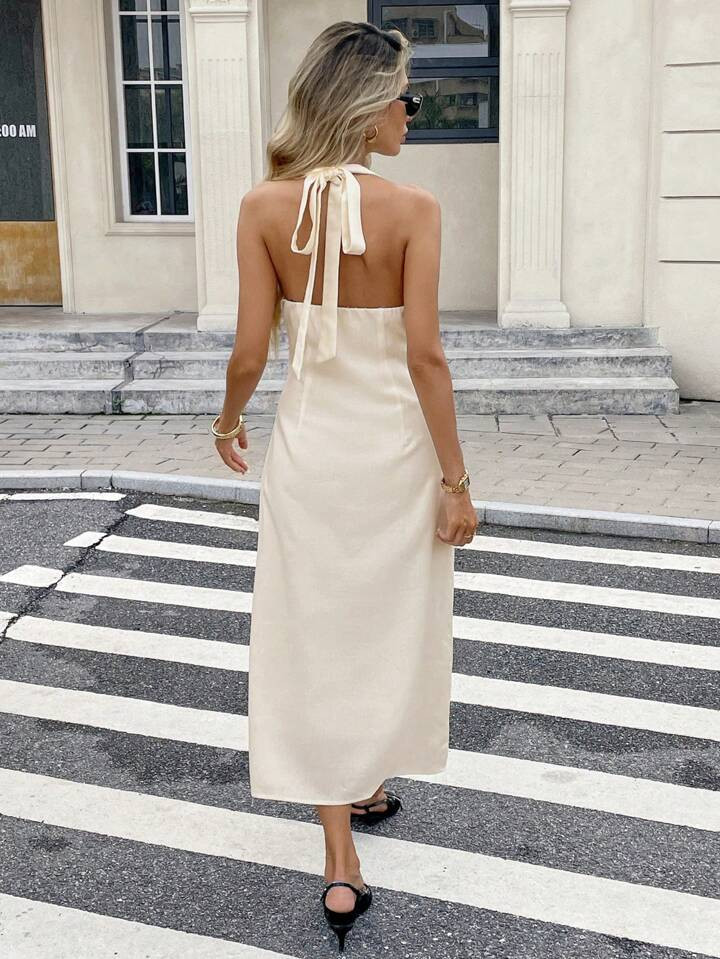 SHEIN Frenchy Women's Solid Color V-Neck Sleeveless Single-Breasted Midi Dress, Elegant Midi Apri... | SHEIN