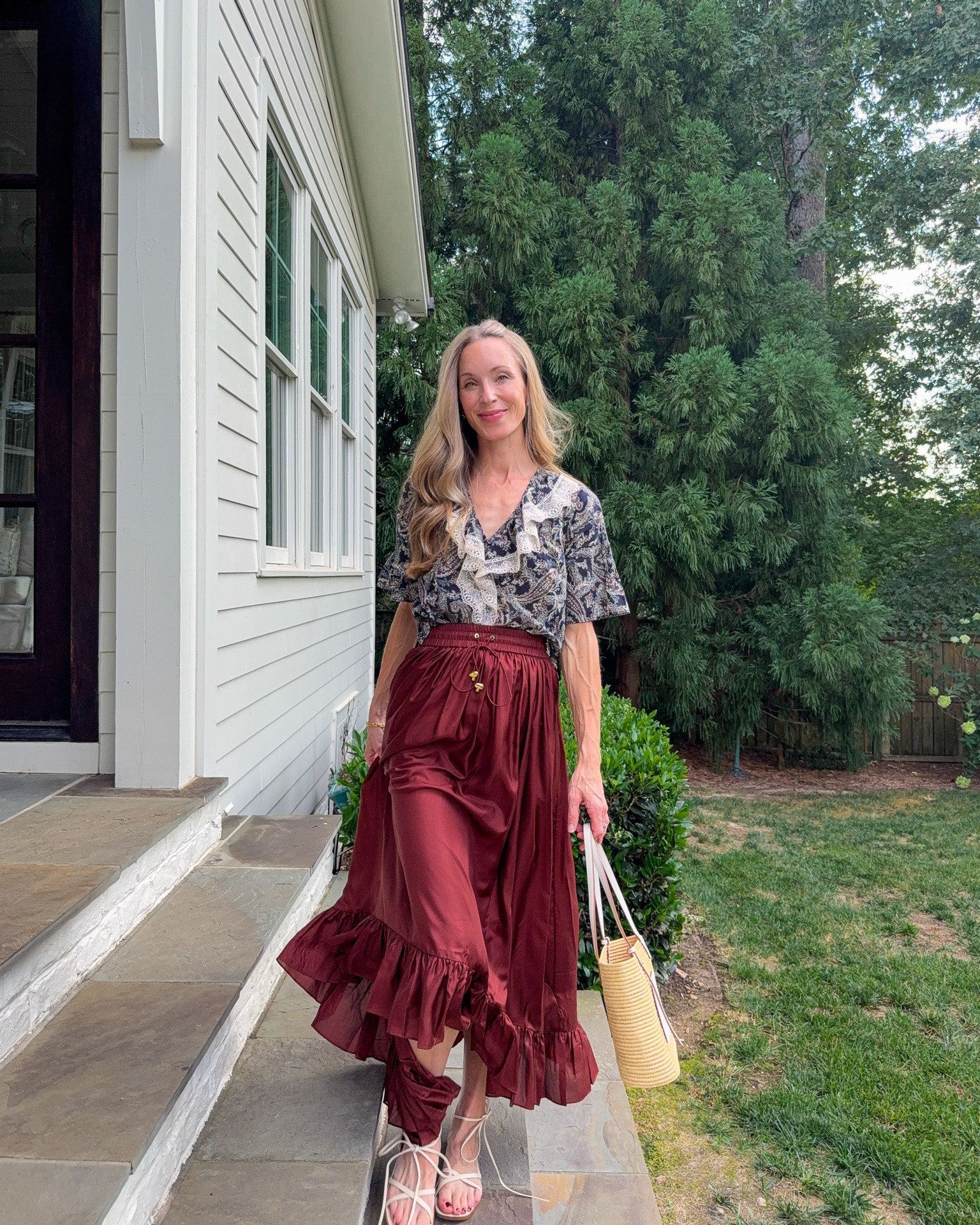 Transitional outfit! S/2 @Veronica Beard top, 0 in skirt, @Margaux sandals TTS (I wear wide). Bag is old—similar linked for all! 🫶🏻

#LTKgrwm #LTKootd #LTKSeasonal