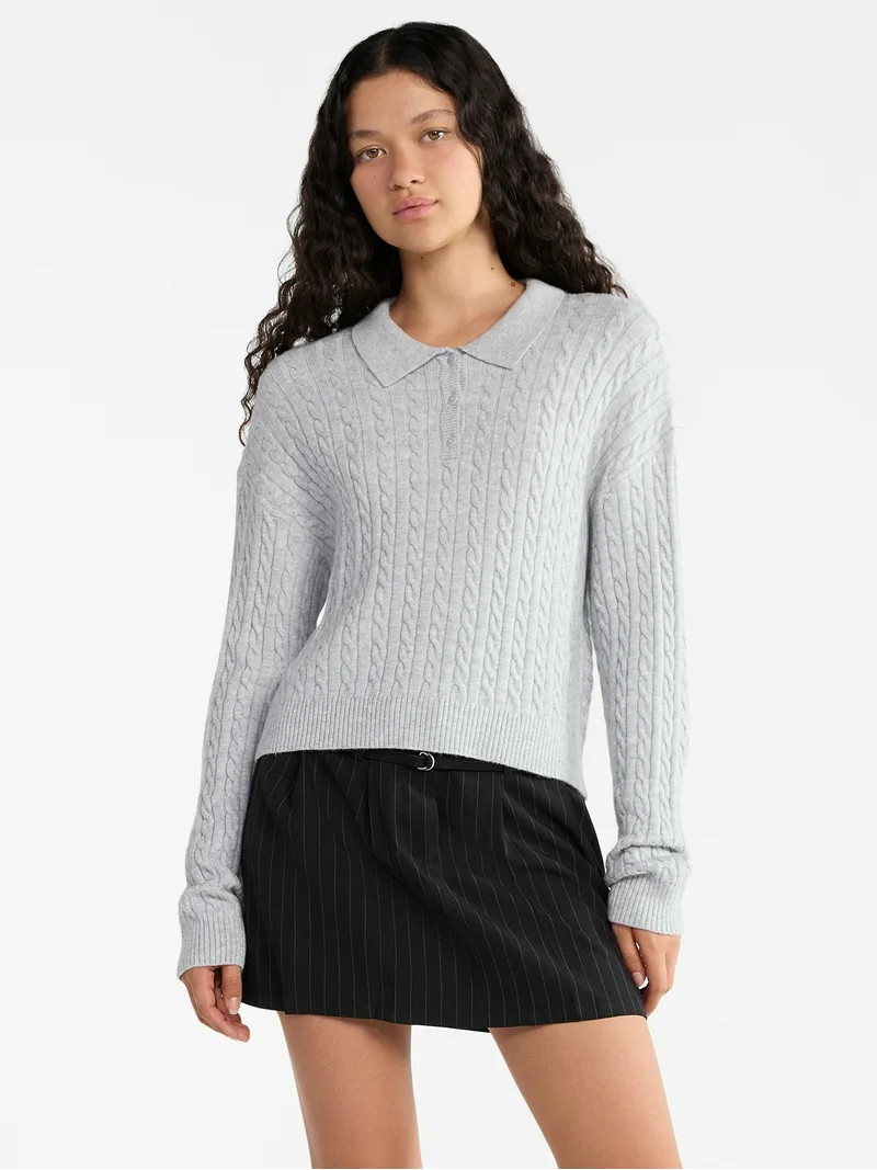 No Boundaries Cable Knit Collared Pullover, Women's | Walmart (US)