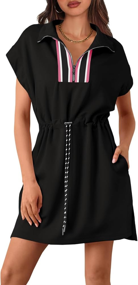 Fisoew Womens Short Sleeve Mini Dress Summer Quarter Zip V Neck Casual Sweatshirt Dresses with Dr... | Amazon (US)