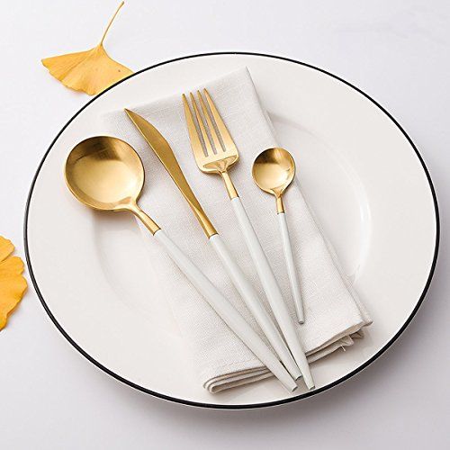 LEKOCH 4-Piece Stainless Steel Flatware Set Including Fork Spoons Knife Tableware (White+Golden) | Amazon (US)
