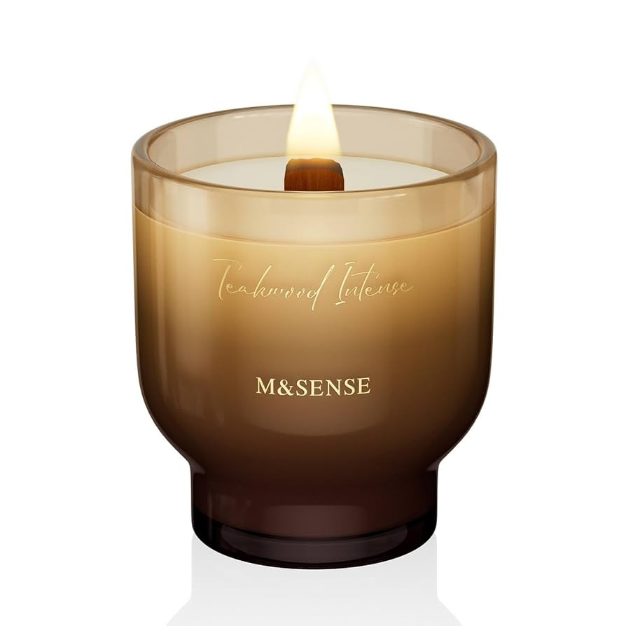 M&SENSE 9.88oz Natural Soy Wax Jar Candle with Wooden Wick | Teakwood Intense Scent | 55-Hour Bur... | Amazon (US)