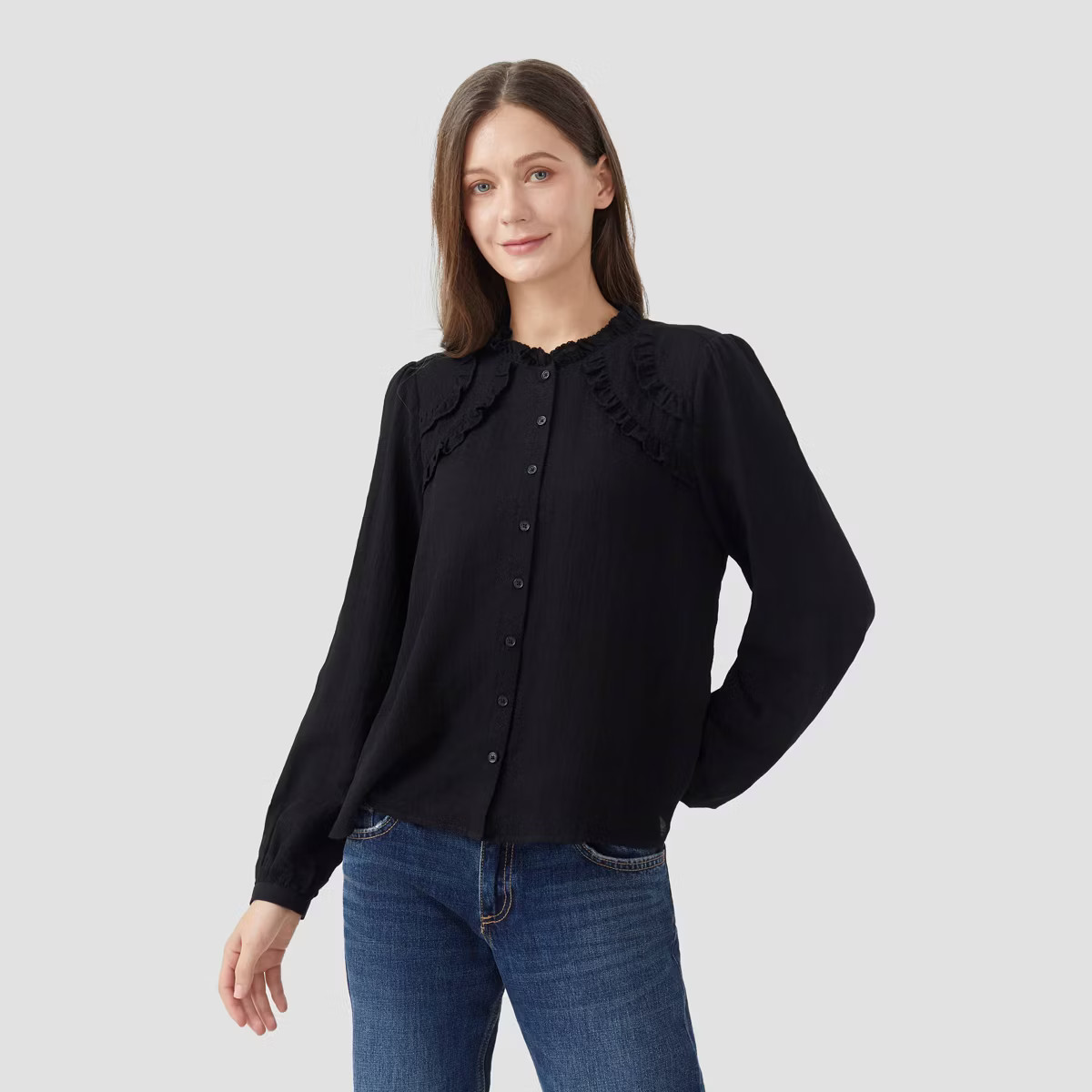Women's Long Sleeve High Neck Button-Front Top - Universal Thread™ Black S | Target