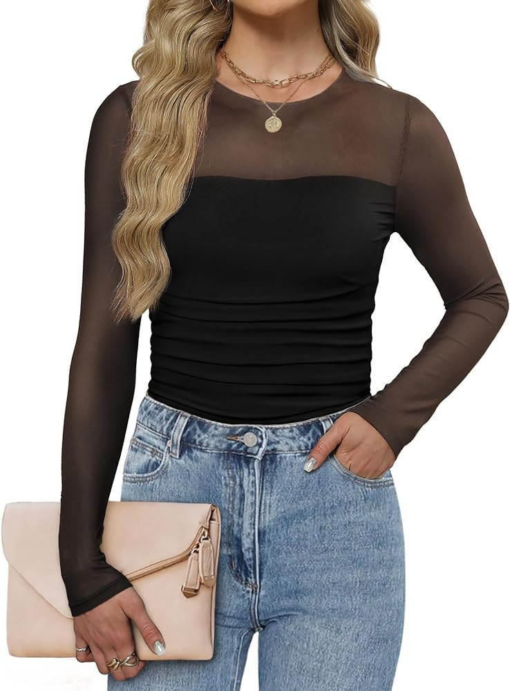 XIEERDUO Women's Sexy Sheer Long Sleeve Tops Crew Neck Mesh Ruched Going Out Shirts Blouse Date N... | Amazon (US)