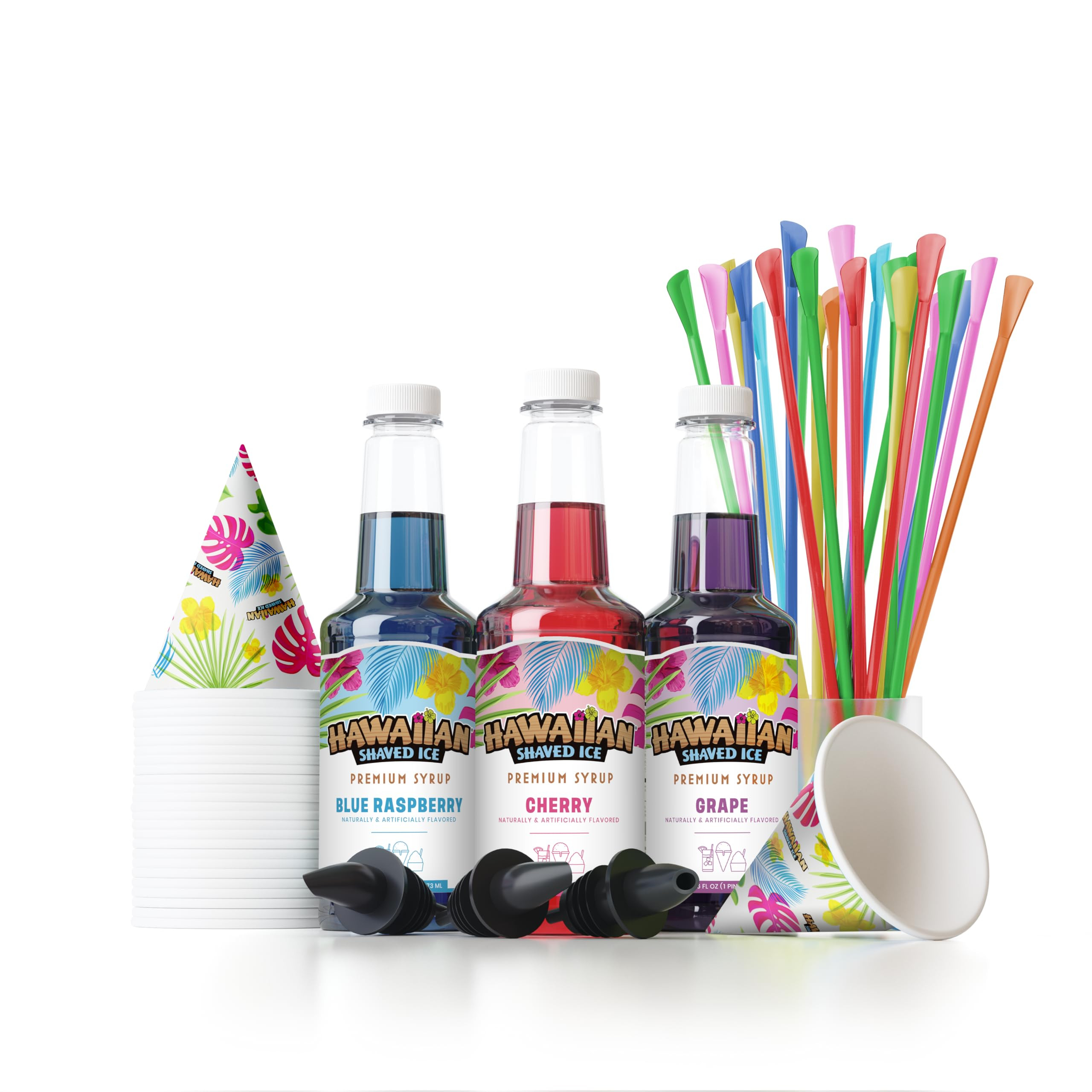 Hawaiian Shaved Ice Syrup Assortment with 3 - 16oz Bottles, 25 Snow Cone Cups, 25 Spoon Straws, a... | Amazon (US)
