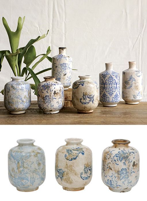 Transferware Terra Cotta Vases Set of 3 | Antique Farm House