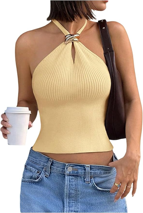 Verdusa Women's Sexy Ribbed Halter Tops Sleeveless Cropped Going Out Tops for Date Night | Amazon (US)