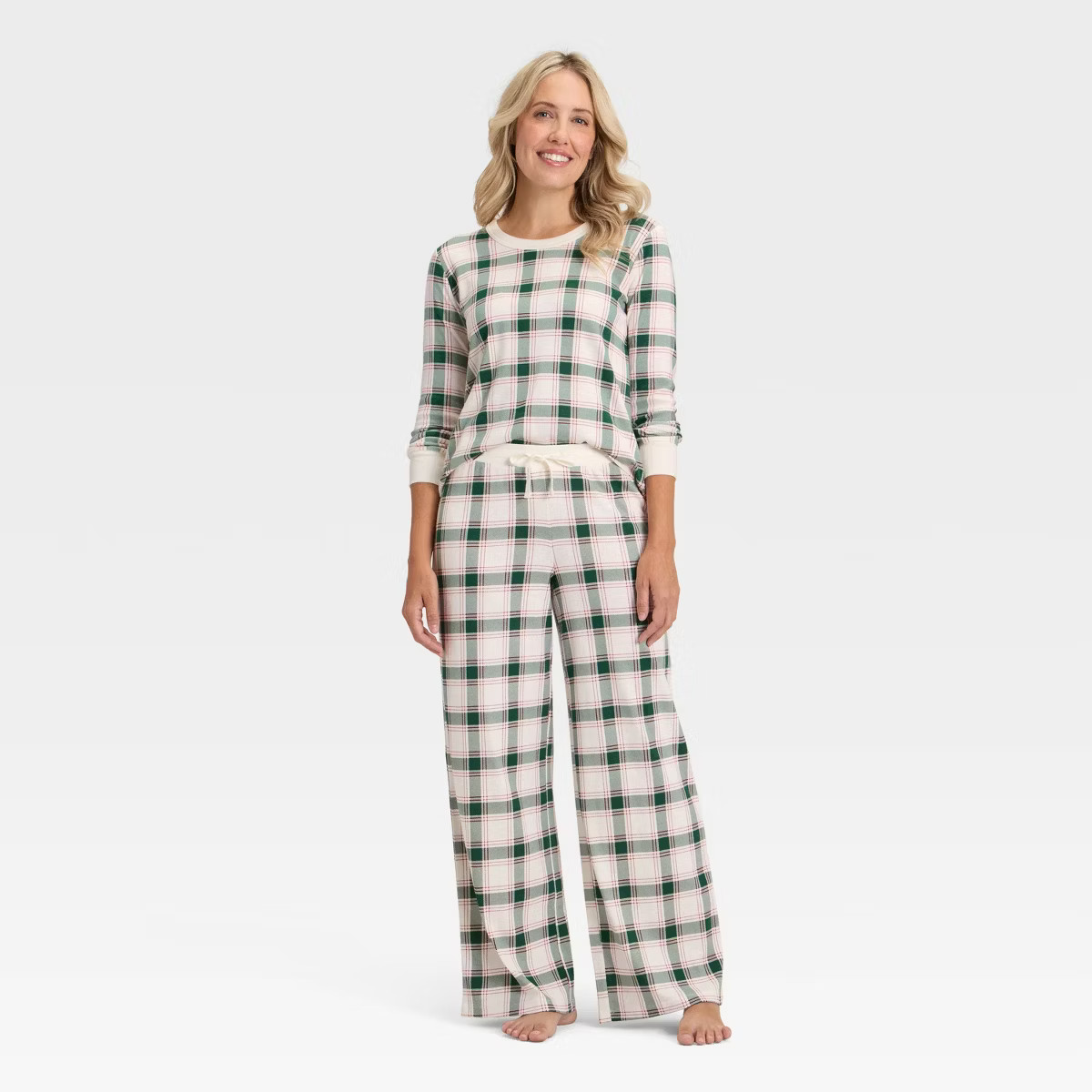Women's Plaid Ribbed Long Sleeve Holiday Matching Family Pajama Shirt - Wondershop™ Cream | Target