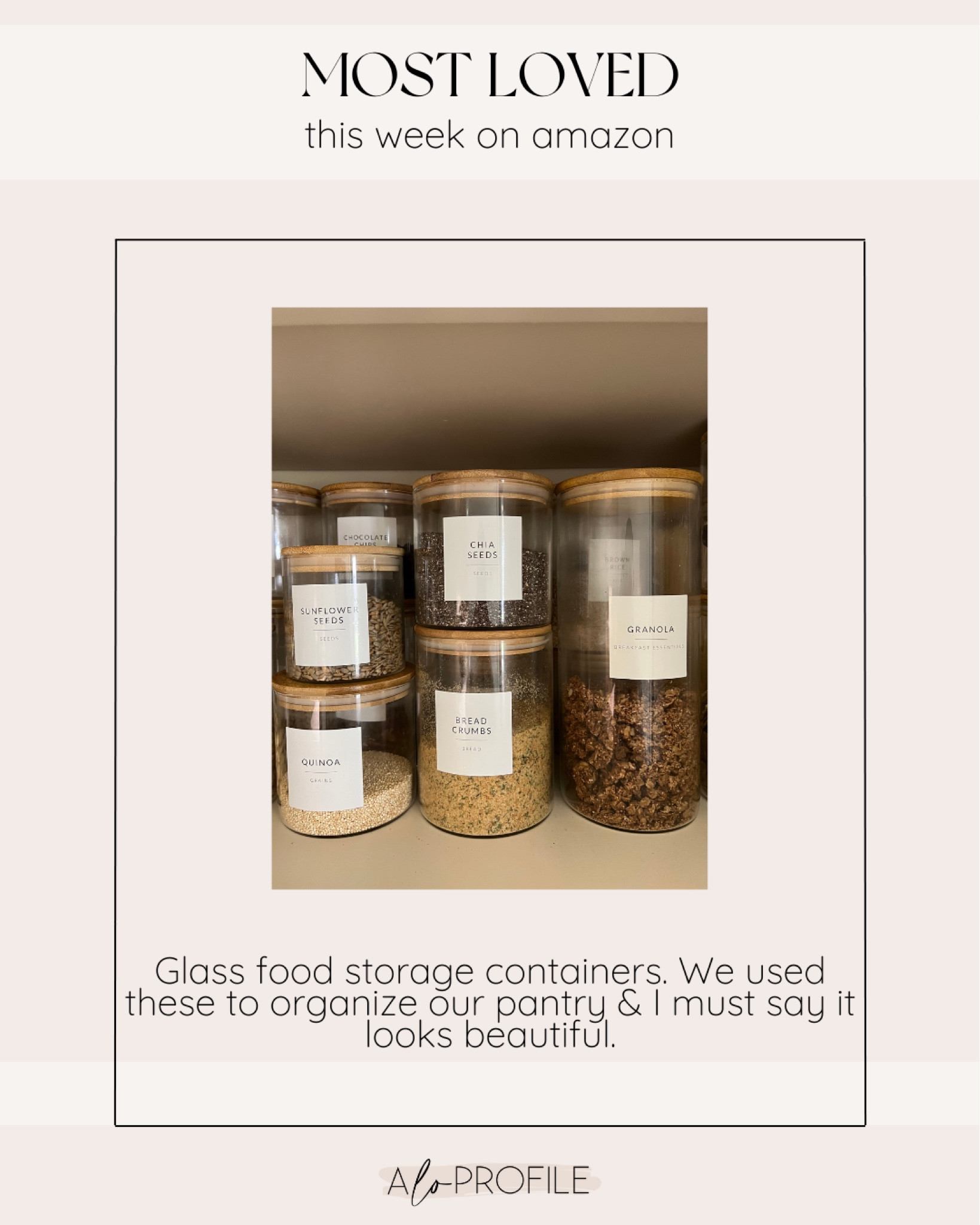 Glass food storage containers! We used these to organize our pantry. 