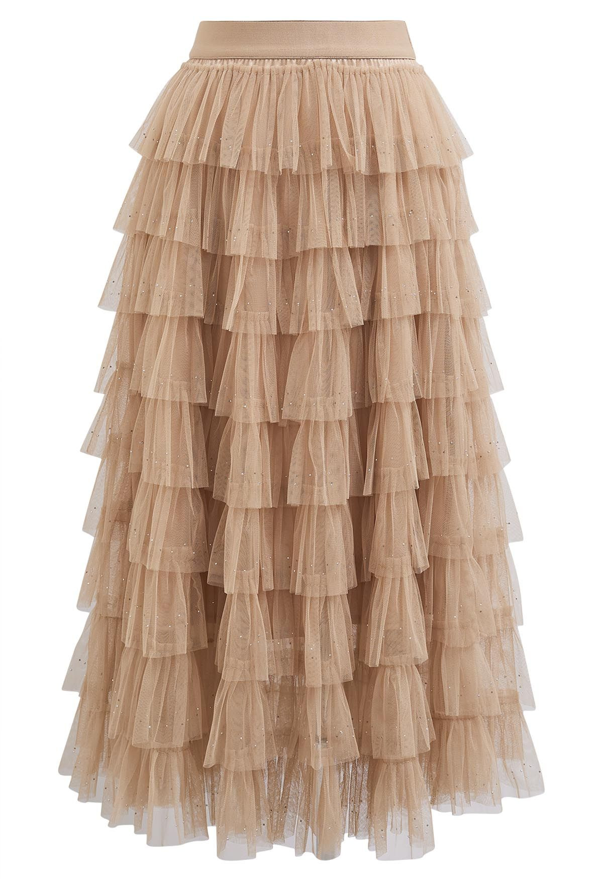 Glitter Swan Cloud Midi Skirt in Light Tan | Chicwish