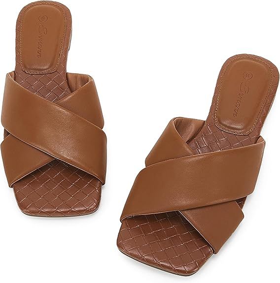 Women’s Square Open Toe Flat Sandals Backless Slip On Slides Cross Band Summer Slippers | Amazon (US)