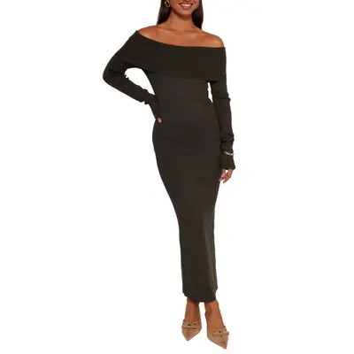 Petal & Pup Archie Off the Shoulder Long Sleeve Rib Maxi Sweater Dress in Black at Nordstrom, Size Large | Nordstrom