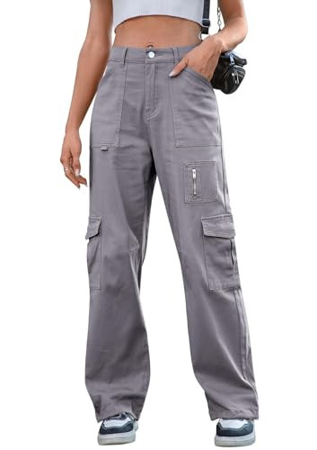 IVIR Grey Cargo Pants for Women Baggy Cargo Pants Mid Rise Drawstring Elastic Waist Outdoor Sport Hiking Pants Gray Small | Amazon (US)